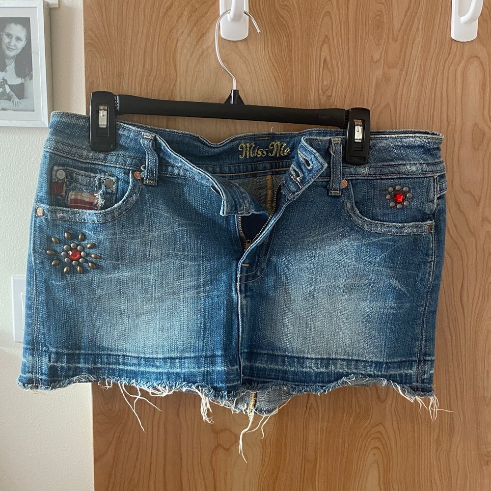 Miss Me Blue Denim Mini Skirt with Red Accents